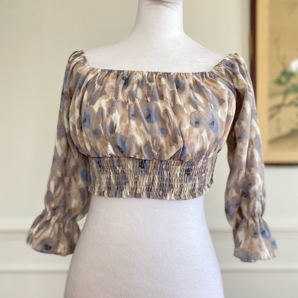 Off Shoulder Smocked Crop Top Long Puff sleeves by On You “Work of Art” sz Small